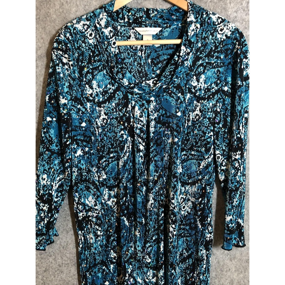 Christopher & Banks Shirt Womens XL Blue Abstract Sequin Pleated Top 3/4 Sleeve